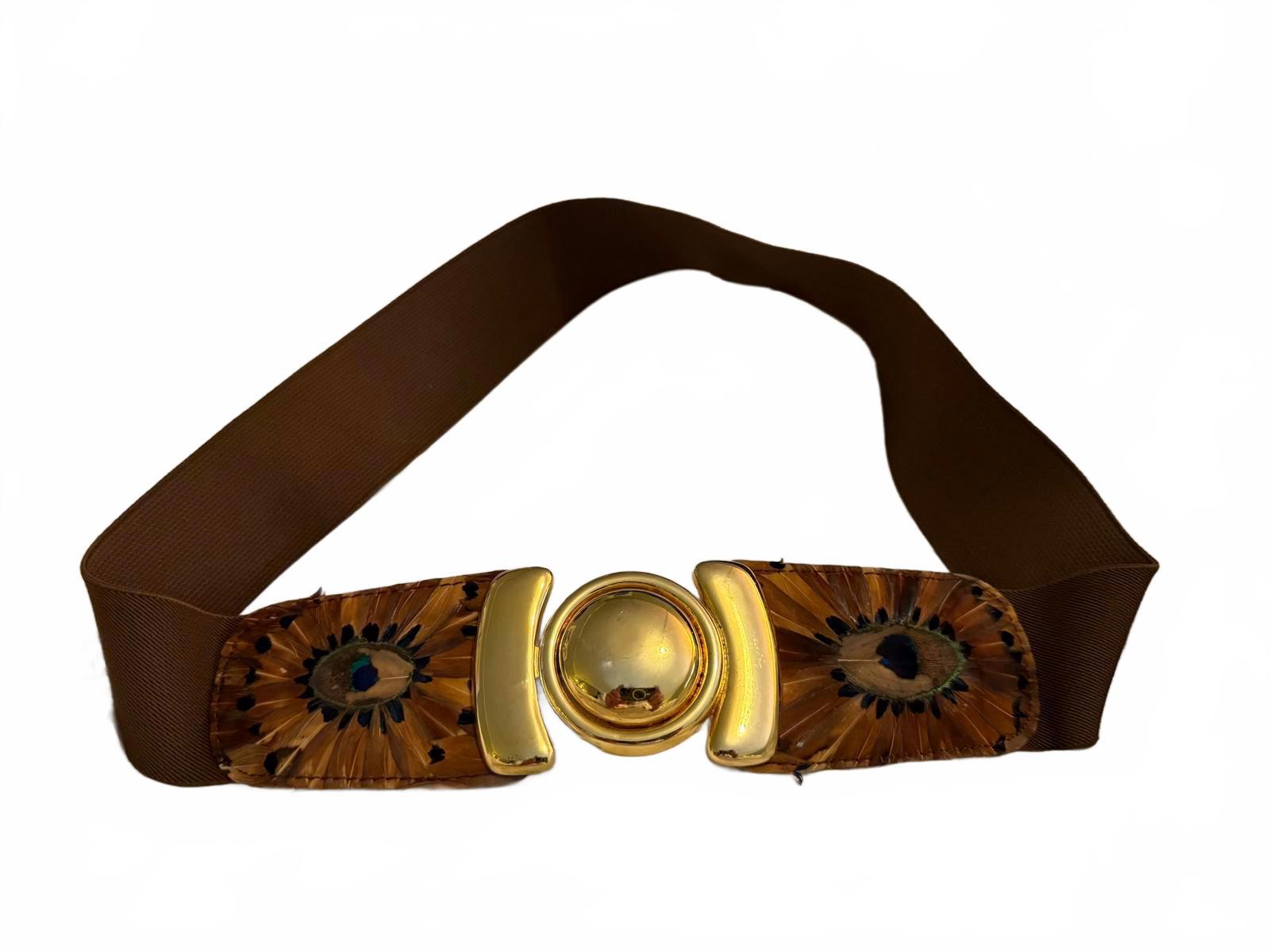 Vintage Belt with Gold-tone Buckle and Peacock Feather