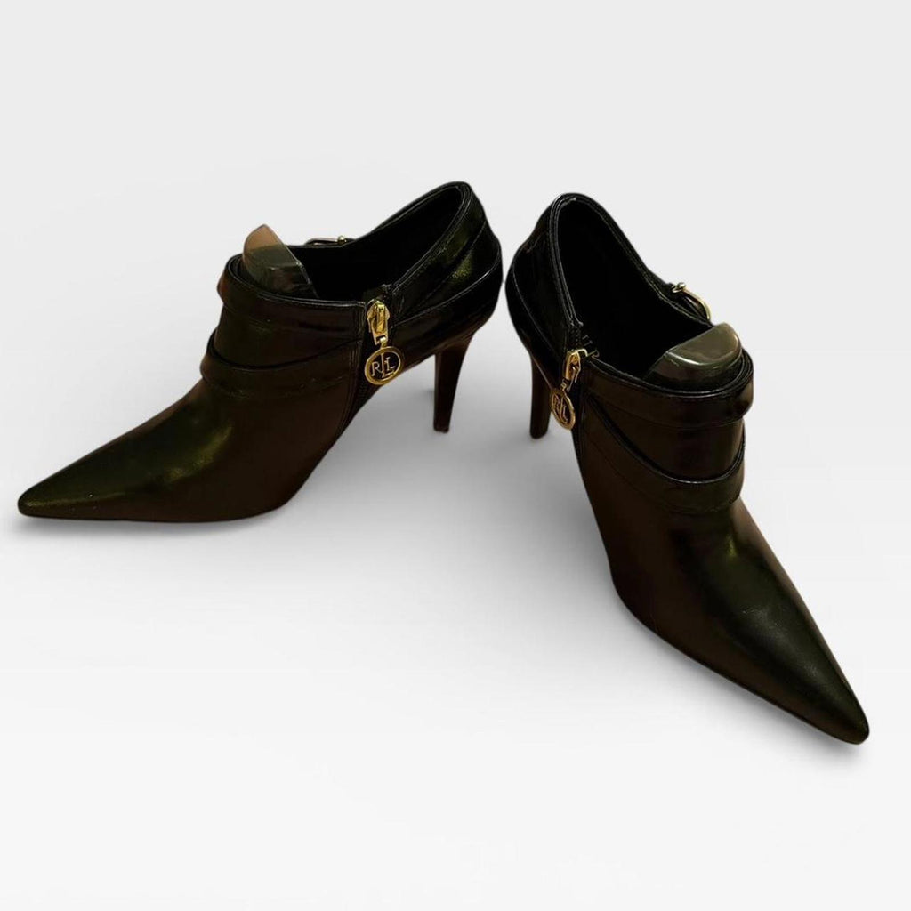 Ralph Lauren Black Leather Pointed Toe High Heel Booties
