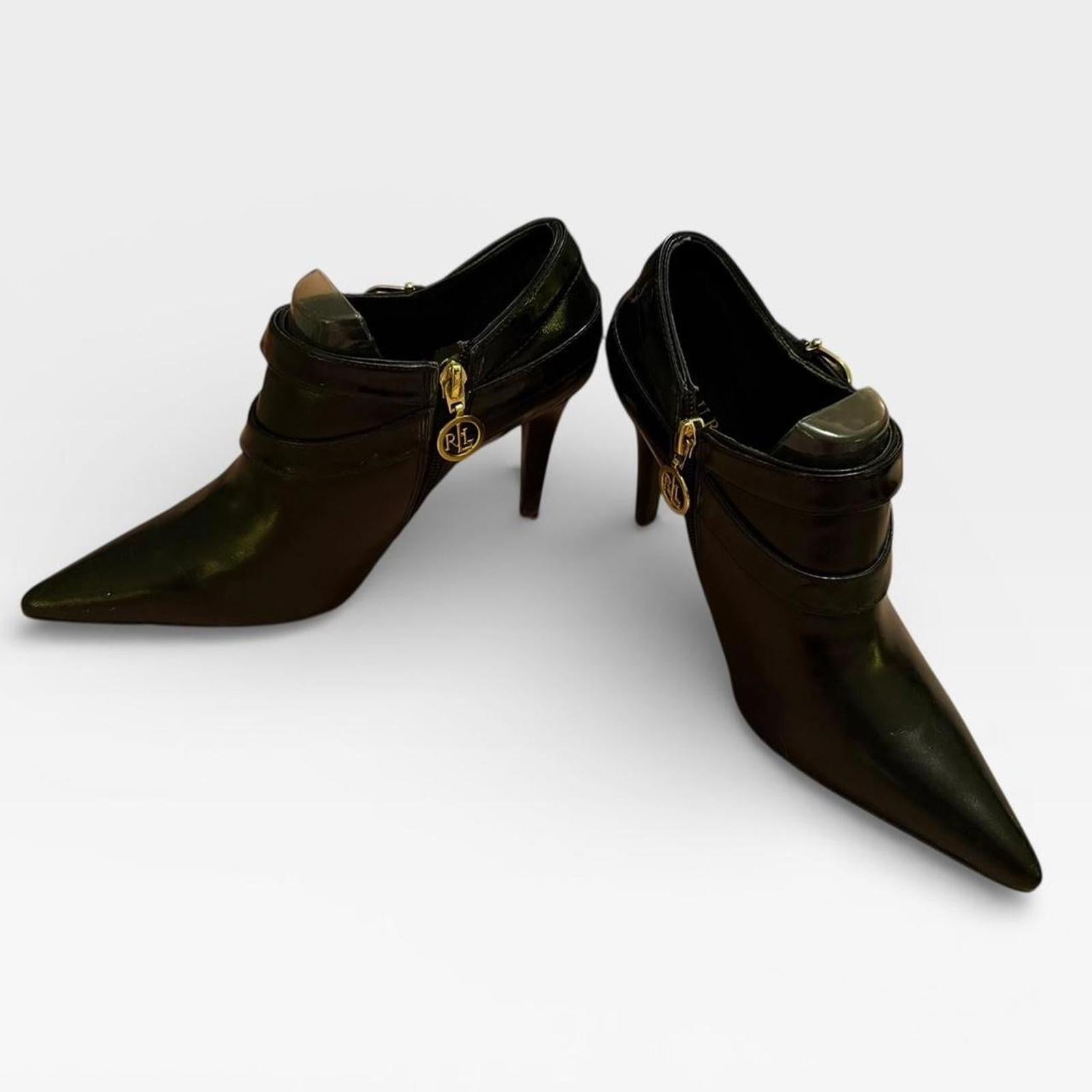 Ralph Lauren Black Leather Pointed Toe High Heel Booties