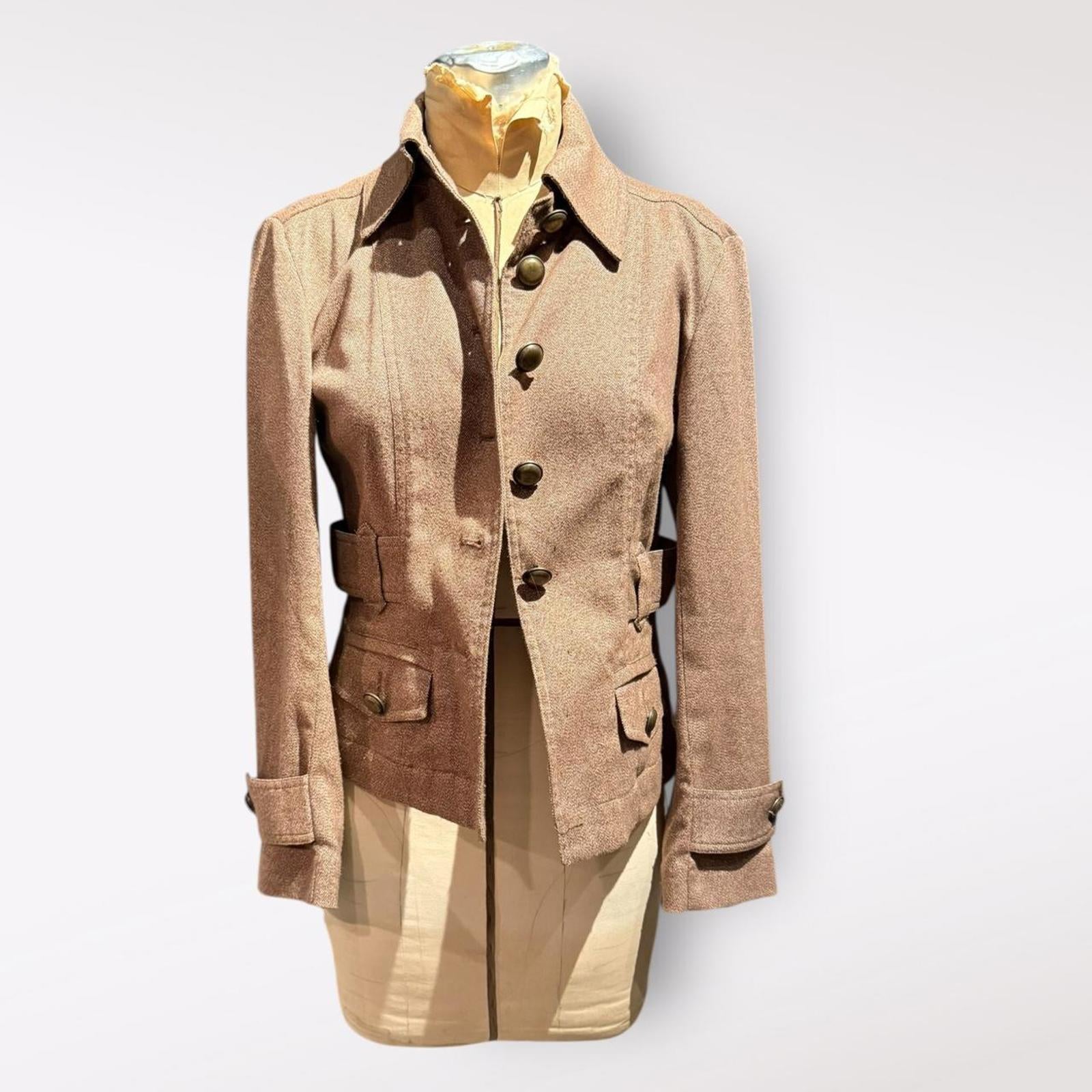 Michael Kors Brown Wool Blend Button-Up Jacket with Belt