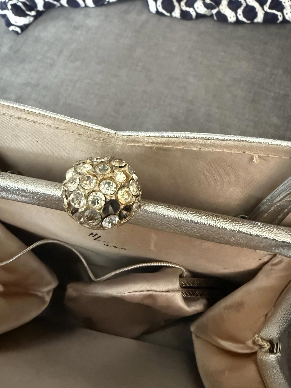 Harry Levine Silver Handbag With Rhinestone Clasp And Attached Coin Purse