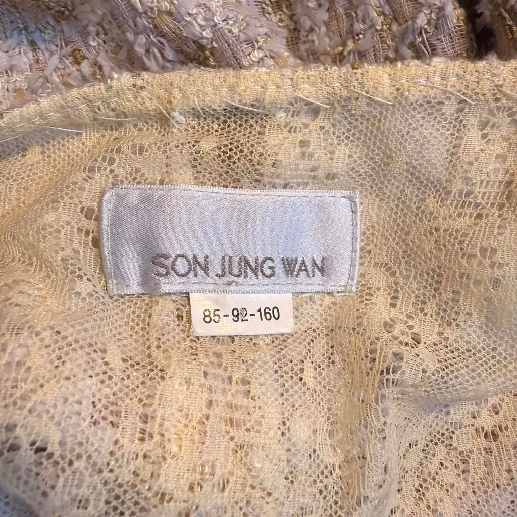 Son Jung Wan Beige Textured Tweed Long Jacket with Bow Back