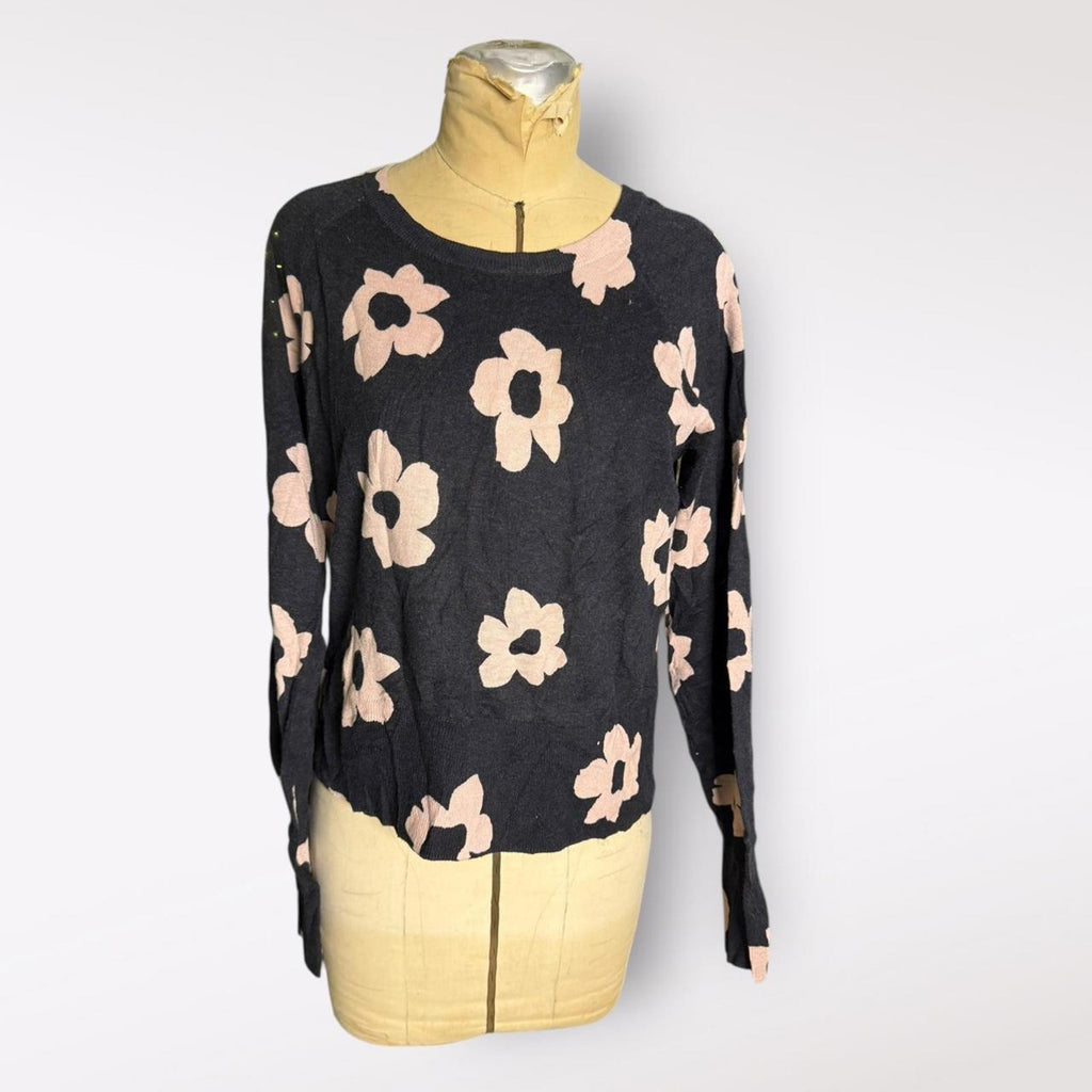 Sanctuary Black Sweater with Pink Floral Pattern