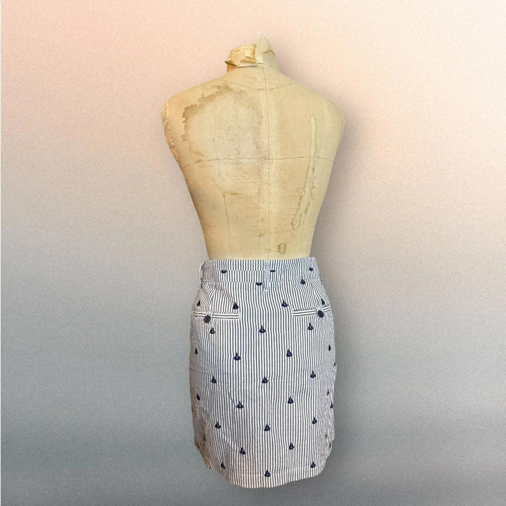 British Khaki Striped Mini Skirt With Sailboat Embroidery Size 10