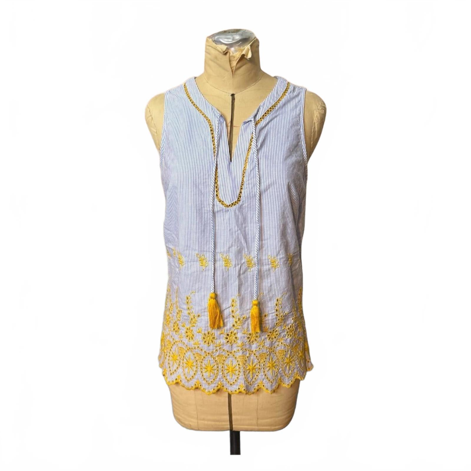 Skies are Blue Striped Blue and Yellow Embroidered Tassel Top Size S