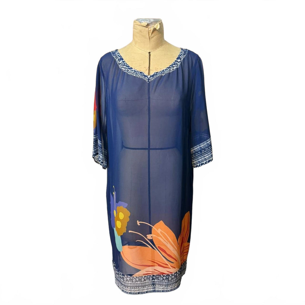 Soft Surroundings Blue & Orange Floral Print Chiffon Dress Beach Coverup Size XL