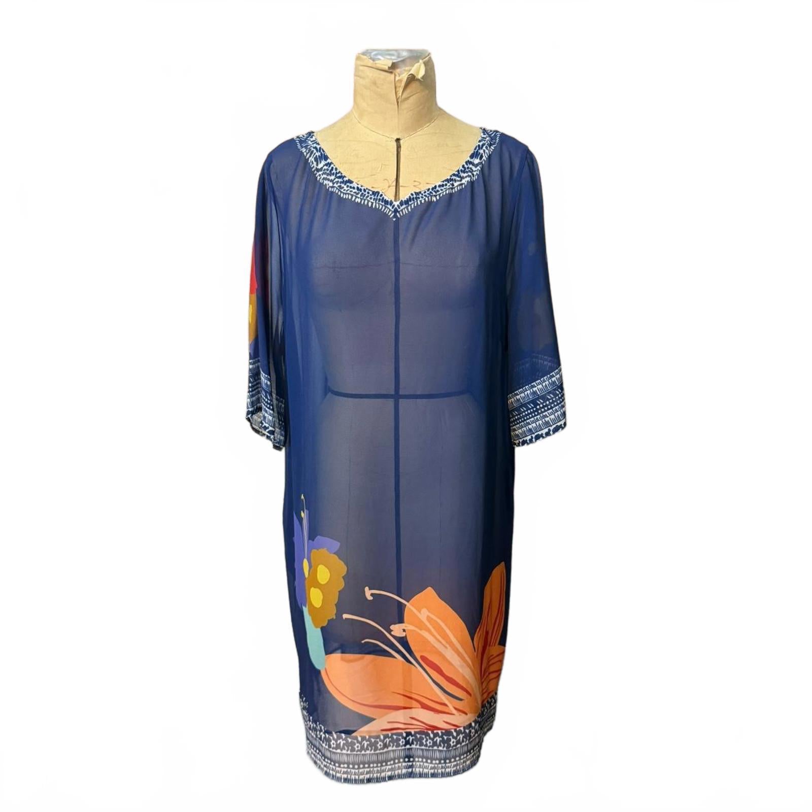 Soft Surroundings Blue & Orange Floral Print Chiffon Dress Beach Coverup Size XL