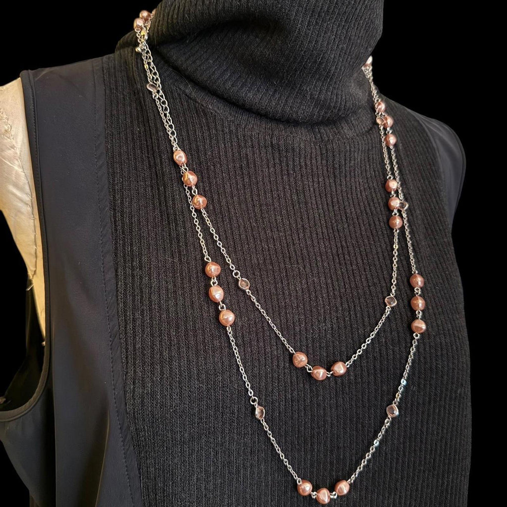 Lia Sophia Silver Double Strand Necklace with Pink Stones
