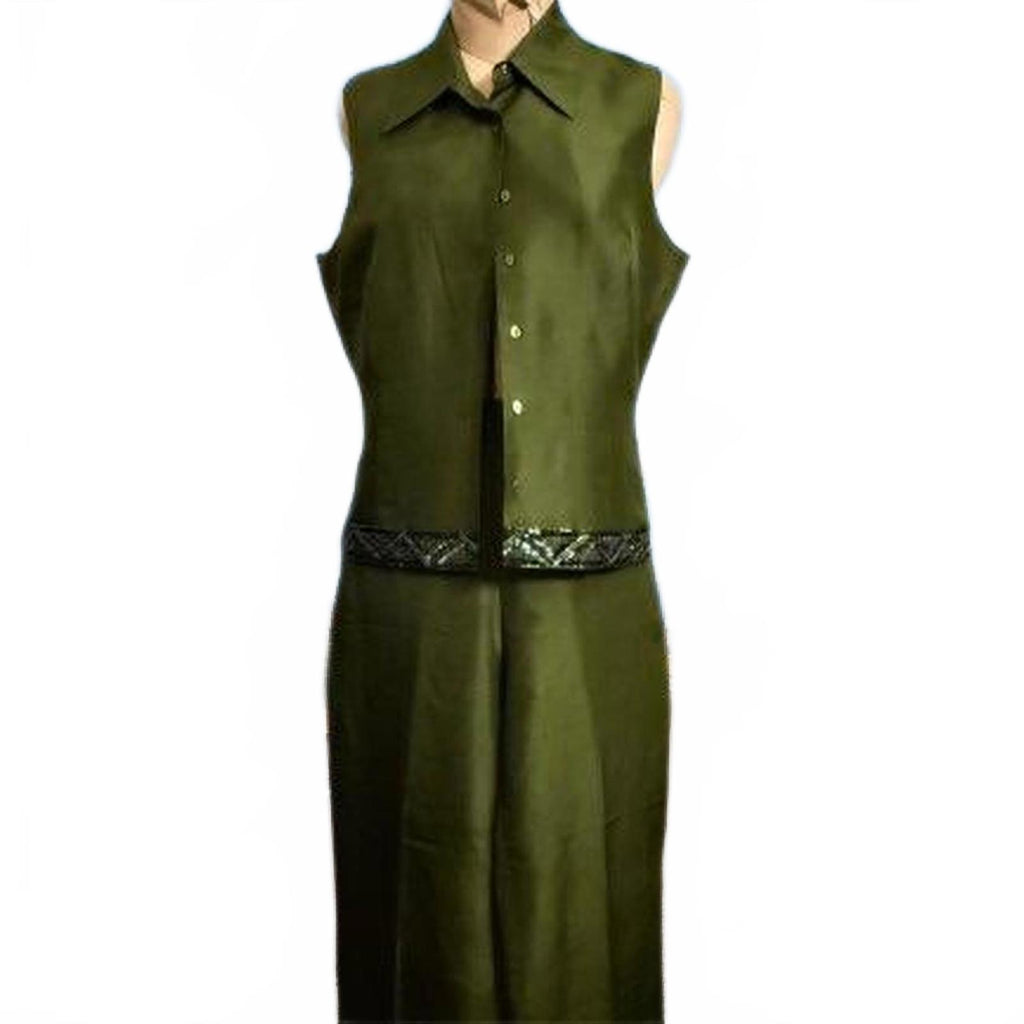 ICE Green Silk Two-Piece Set with Beaded Sleeveless Blazer and Pants