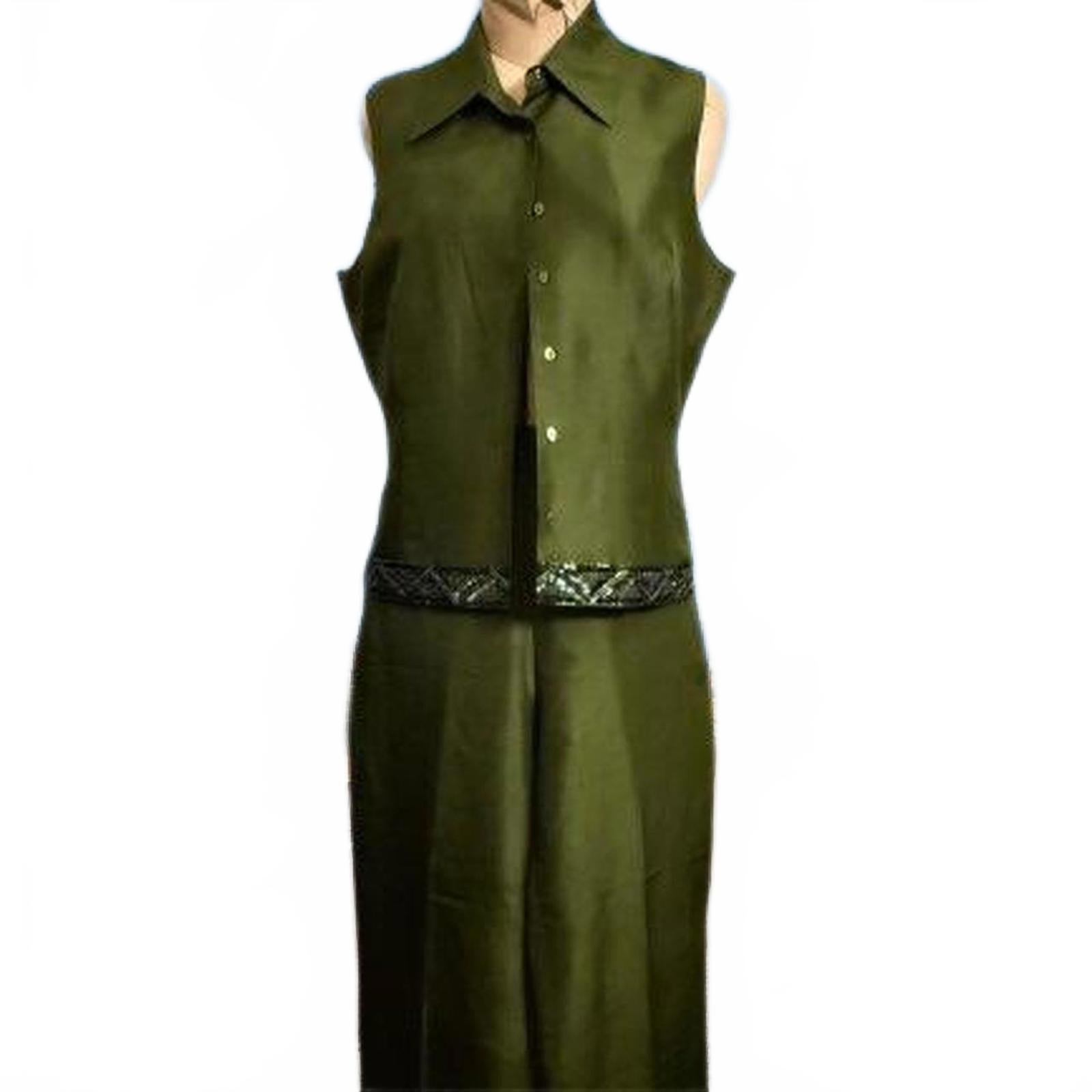ICE Green Silk Two-Piece Set with Beaded Sleeveless Blazer and Pants