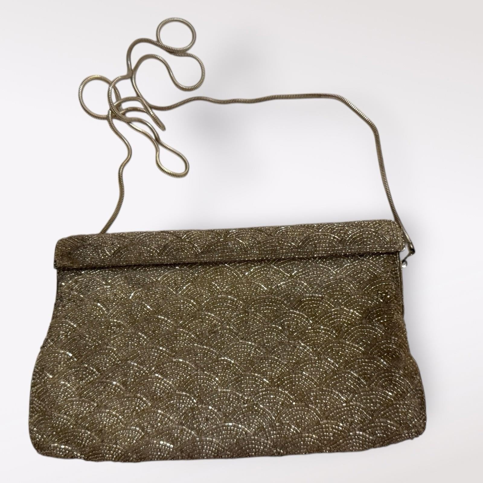 Vintage Silver Art Deco Beaded Clutch Purse With Snake Chain Strap