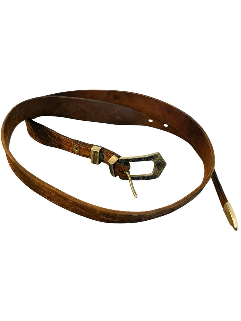 Vintage Tooled Leather Belt Sterling Silver Buckle