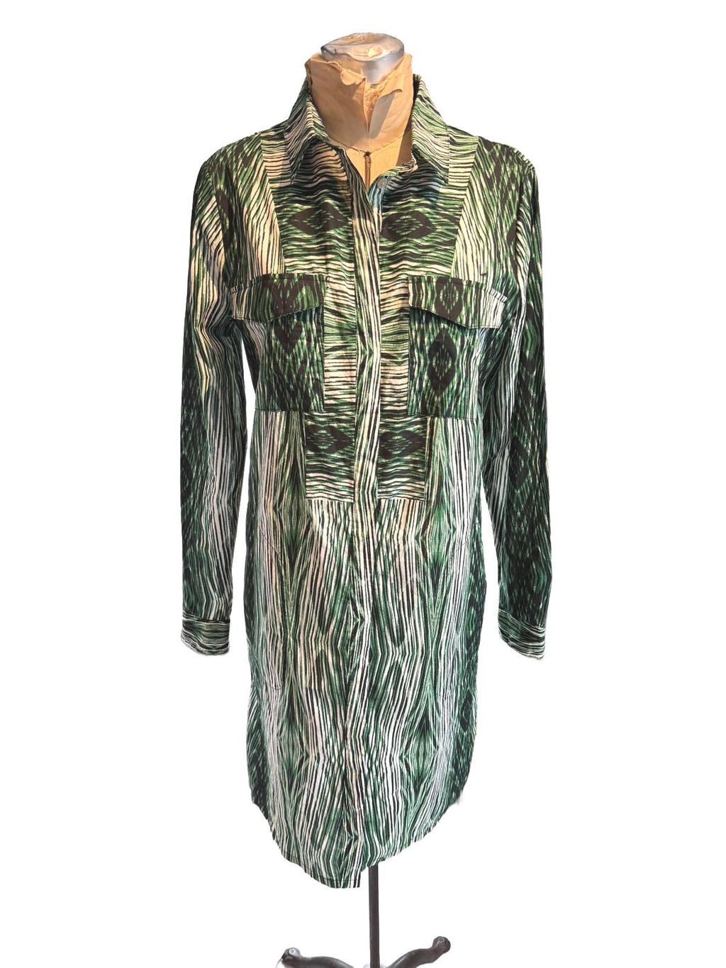 Derek Lam Green Patterned Long Sleeve Shirt Dress