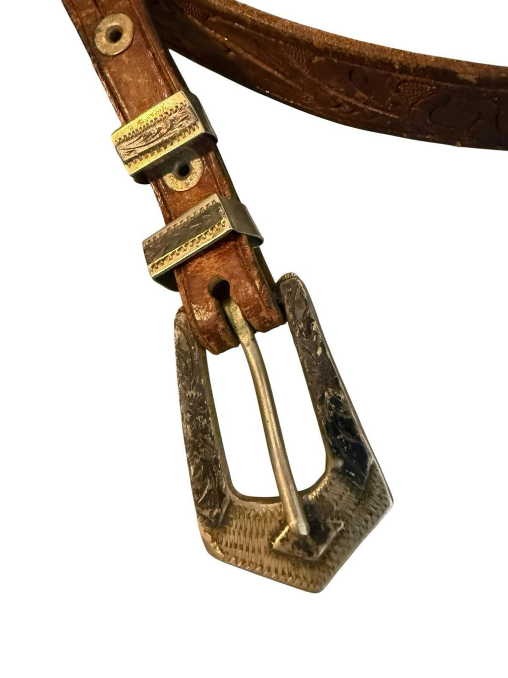 Vintage Tooled Leather Belt Sterling Silver Buckle