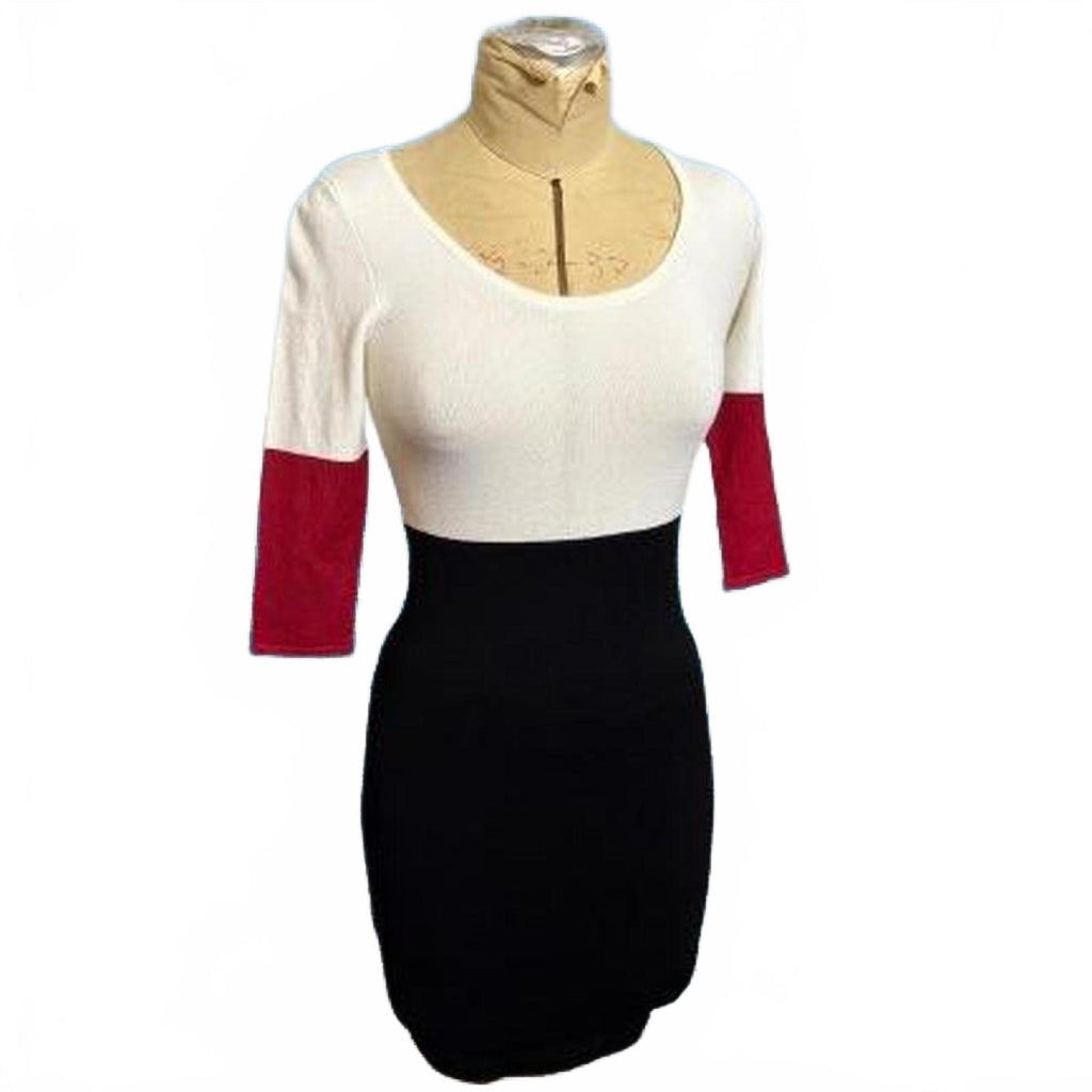 Bebe White, Red, and Black Colorblock Sweater Dress