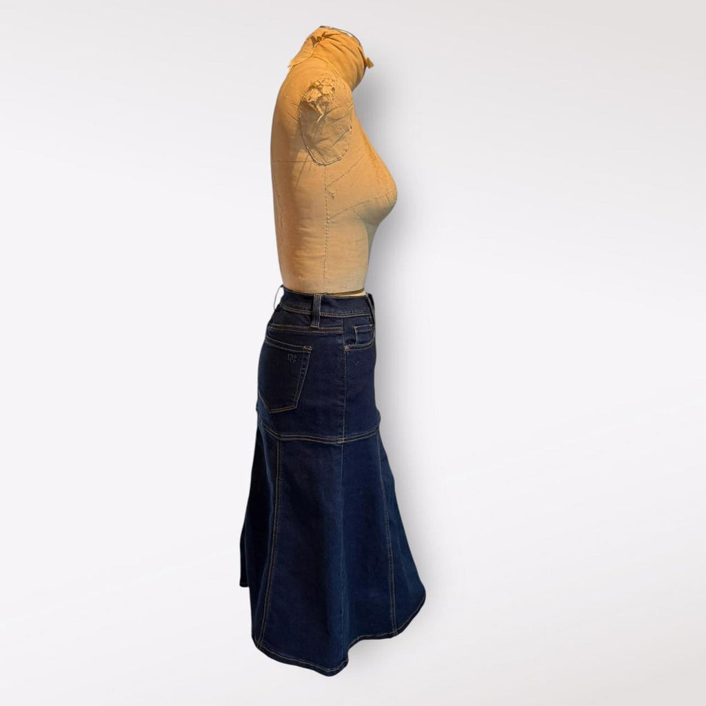 Diane Gilman Dark Blue Denim Midi Skirt with Contrast Stitching