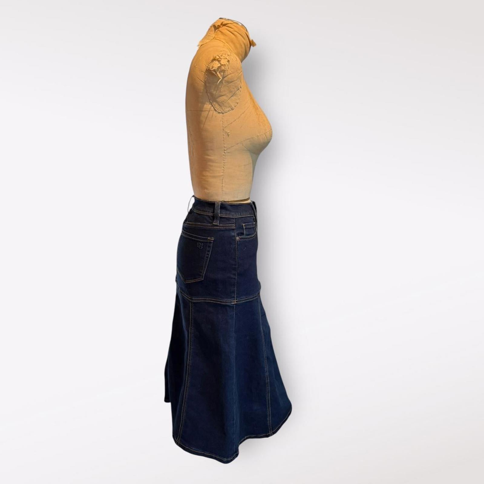 Diane Gilman Dark Blue Denim Midi Skirt with Contrast Stitching