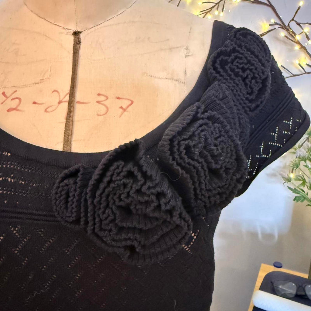 Catherine Malandrino Black Knit Top with Floral Applique Detail