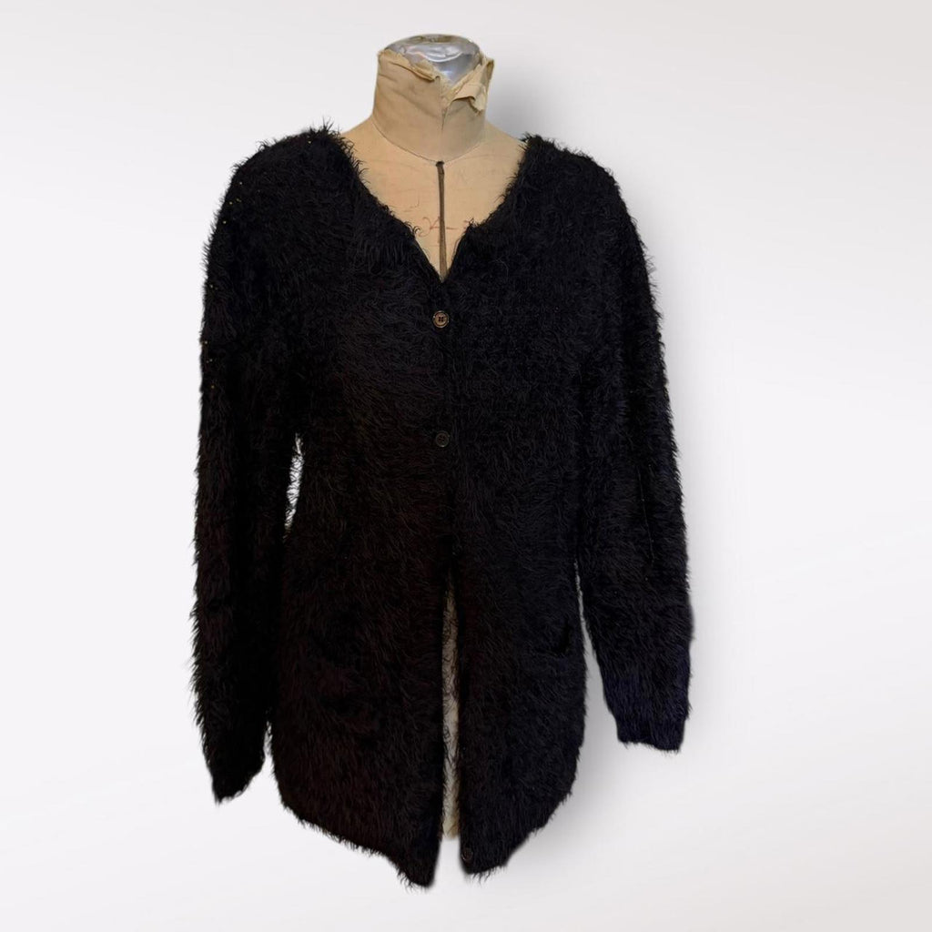 Yessica Black Fuzzy Button-Up Cardigan Sweater