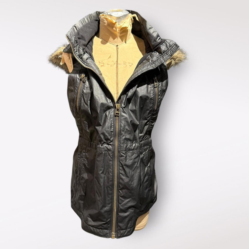 Athleta Black Sleeveless Hooded Vest with Faux Fur Trim