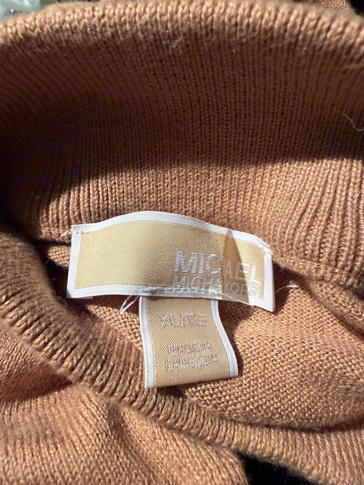 Michael Kors Tan Turtleneck Sweater with Brown Shoulder Patches