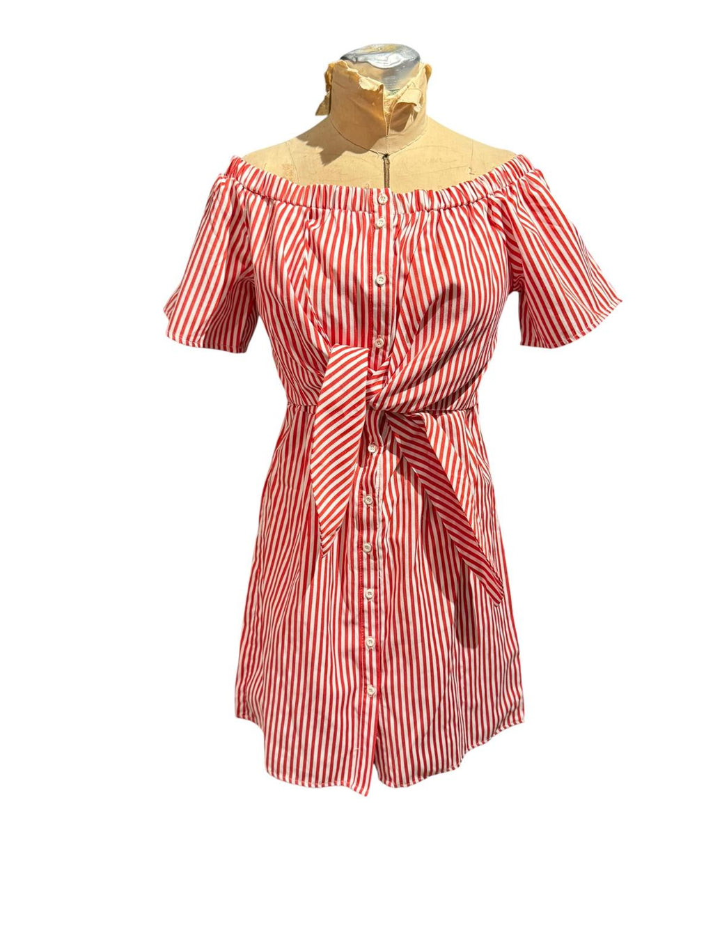 Go Coco Red and White Striped Off-Shoulder Dress with Waist Tie