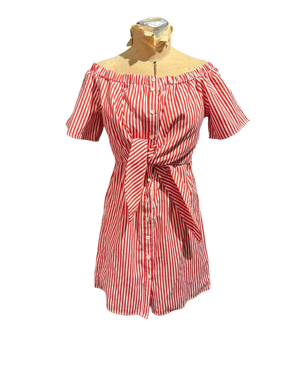 Go Coco Red and White Striped Off-Shoulder Dress with Waist Tie