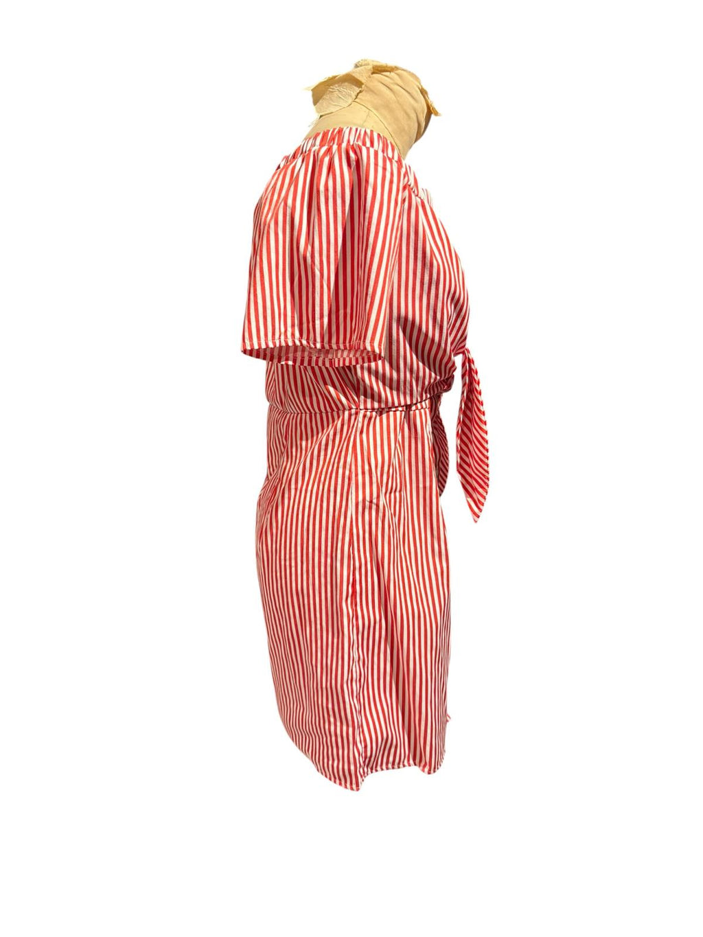 Go Coco Red and White Striped Off-Shoulder Dress with Waist Tie