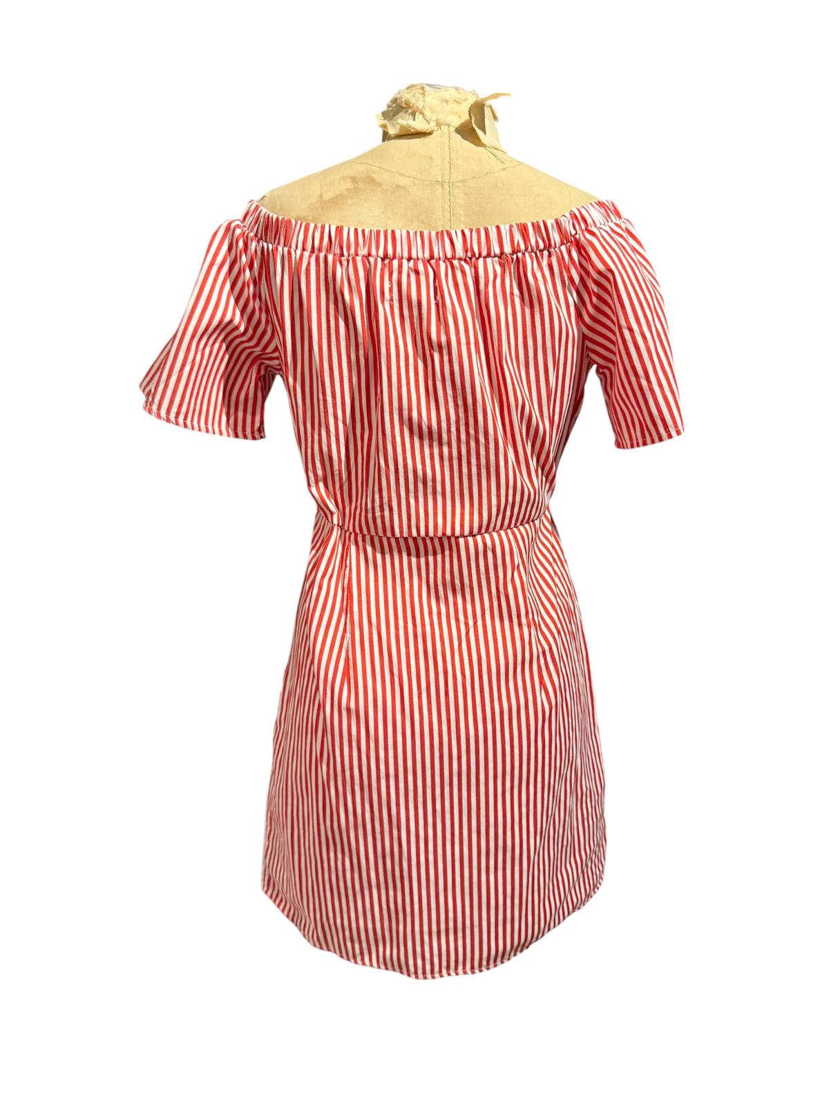 Go Coco Red and White Striped Off-Shoulder Dress with Waist Tie