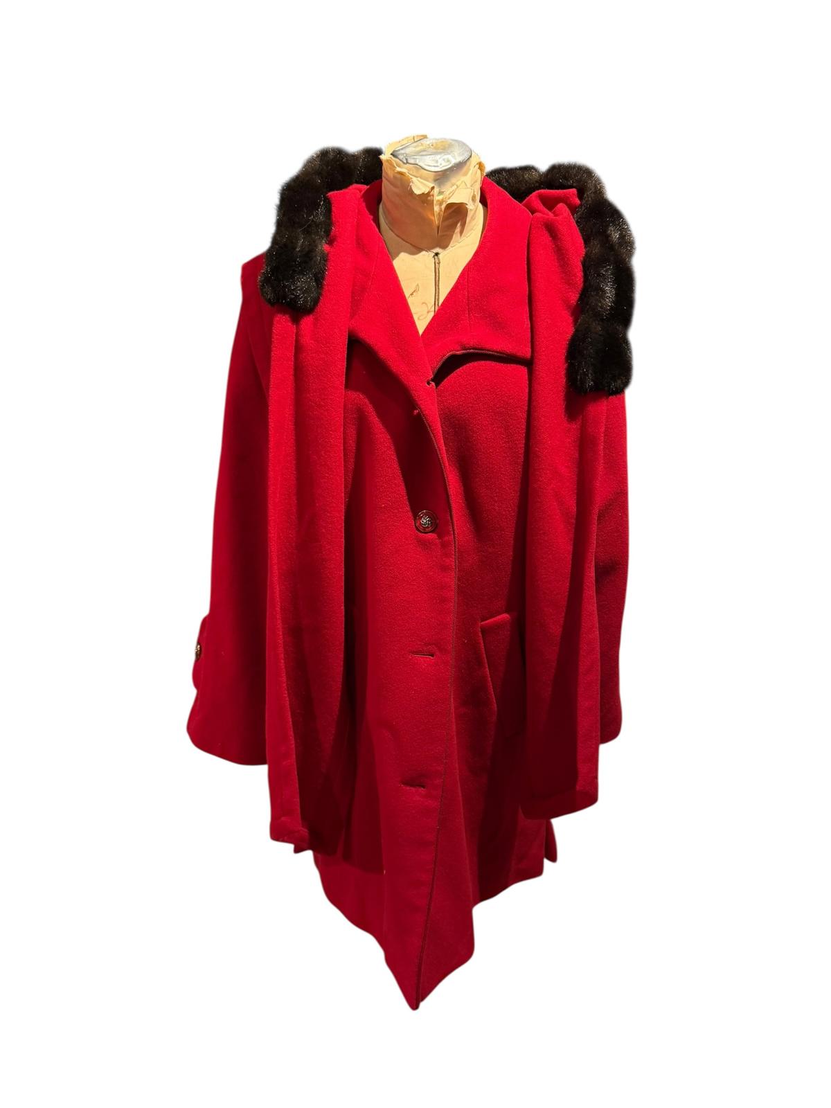 Dennis Basso Red Wool Cashmere Blend Coat with Faux Fur Trim Hood