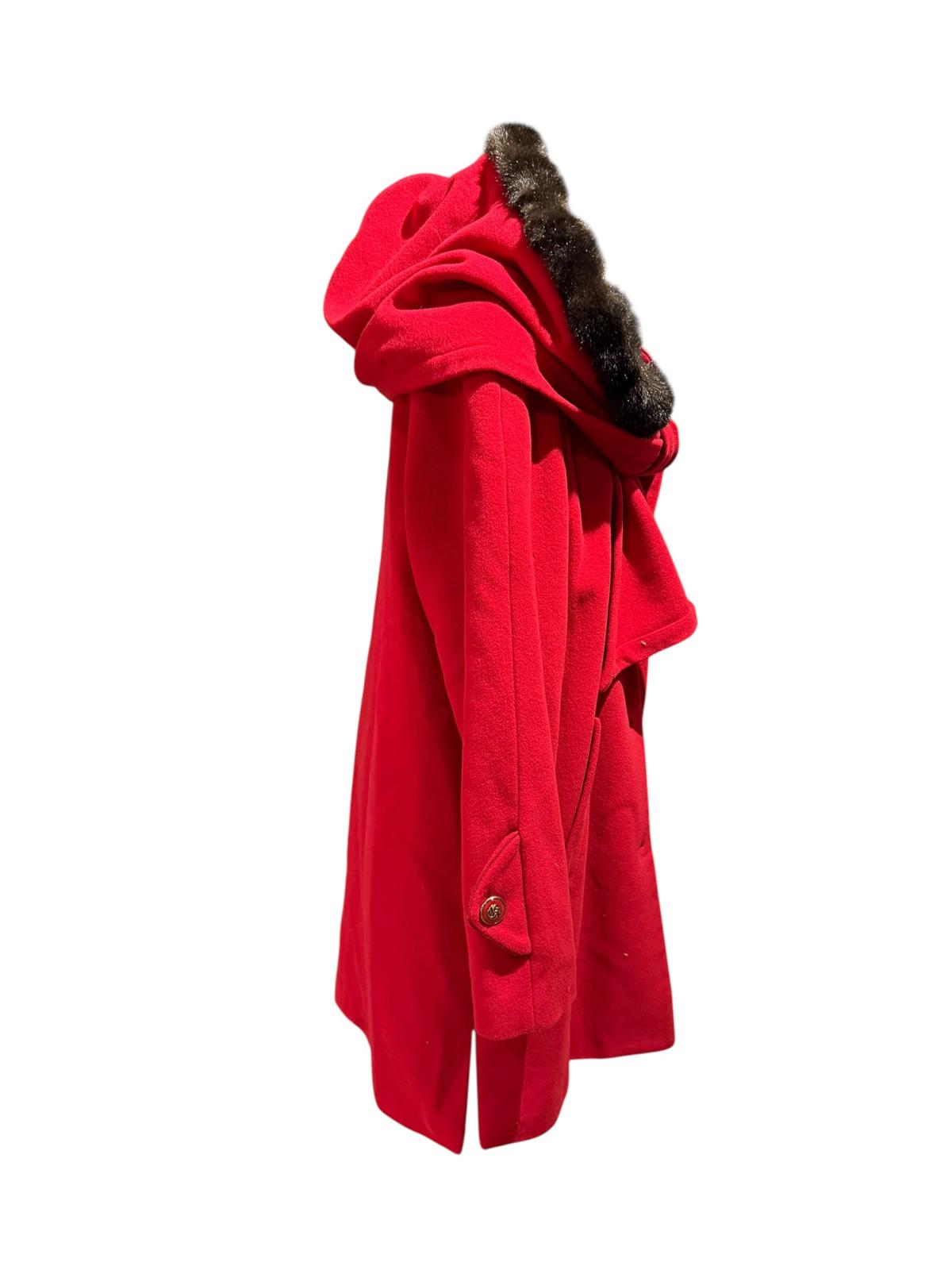 Dennis Basso Red Wool Cashmere Blend Coat with Faux Fur Trim Hood