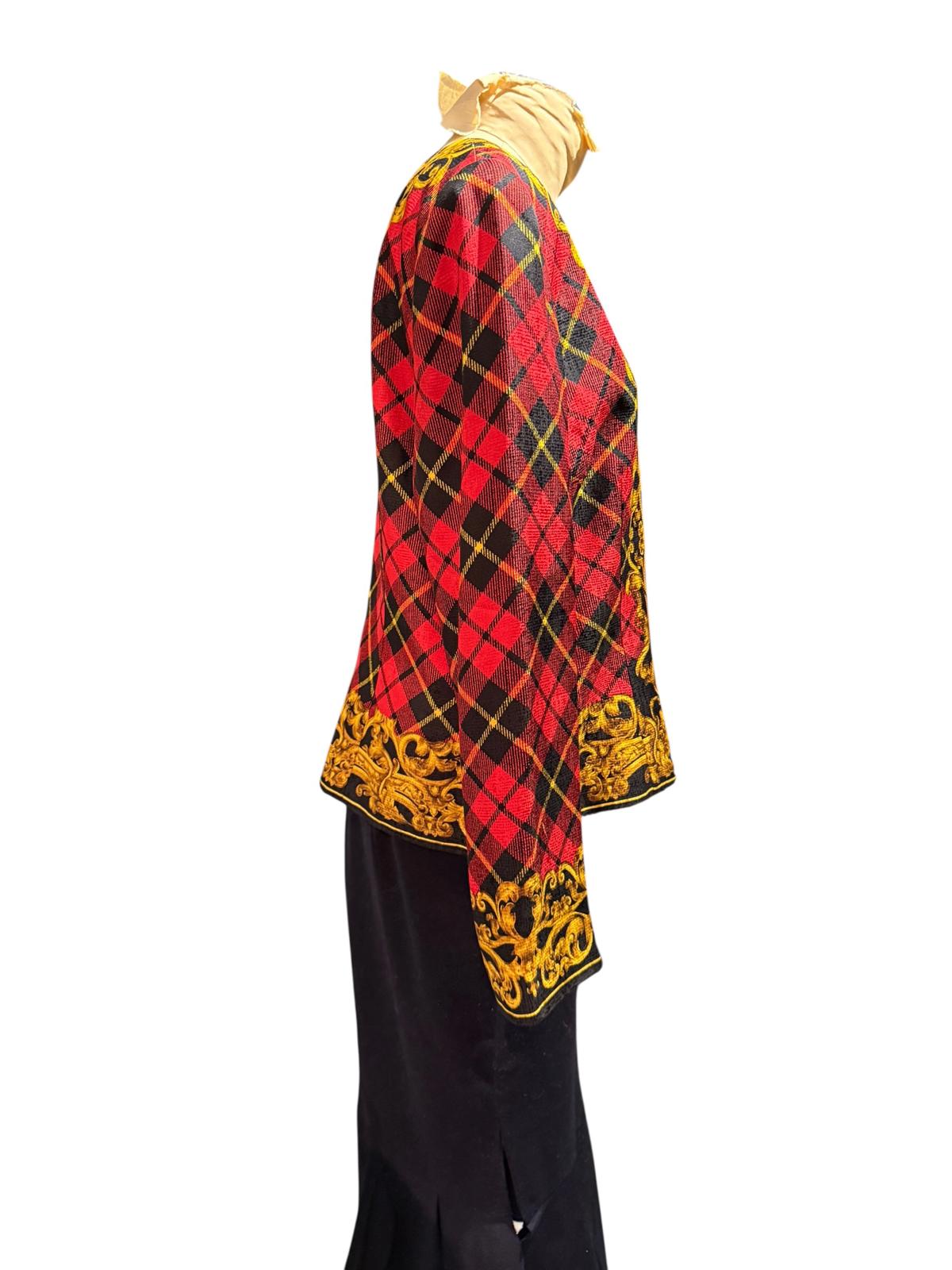 Maggy London Vintage 100% Silk Red Plaid and Gold Baroque Print Jacket