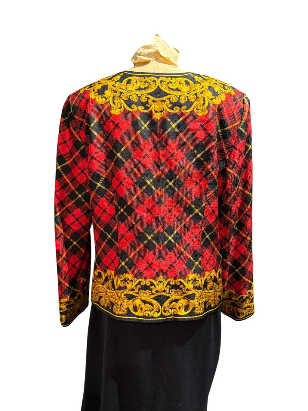 Maggy London Vintage 100% Silk Red Plaid and Gold Baroque Print Jacket