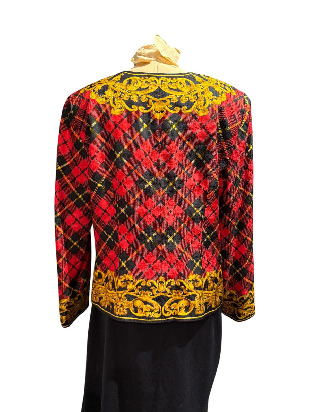Maggy London Vintage 100% Silk Red Plaid and Gold Baroque Print Jacket