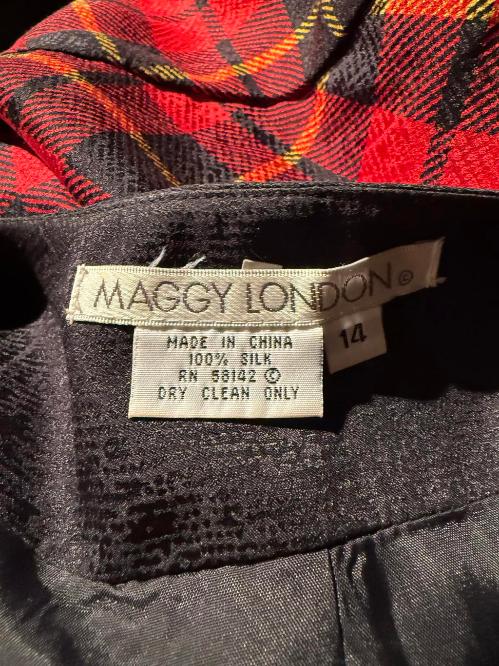 Maggy London Vintage 100% Silk Red Plaid and Gold Baroque Print Jacket