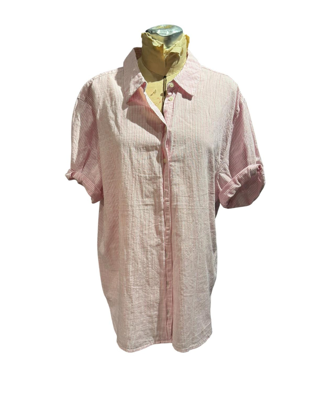 Lola River Light Pink Striped Button-Up Shirt Dress with Rolled Sleeves