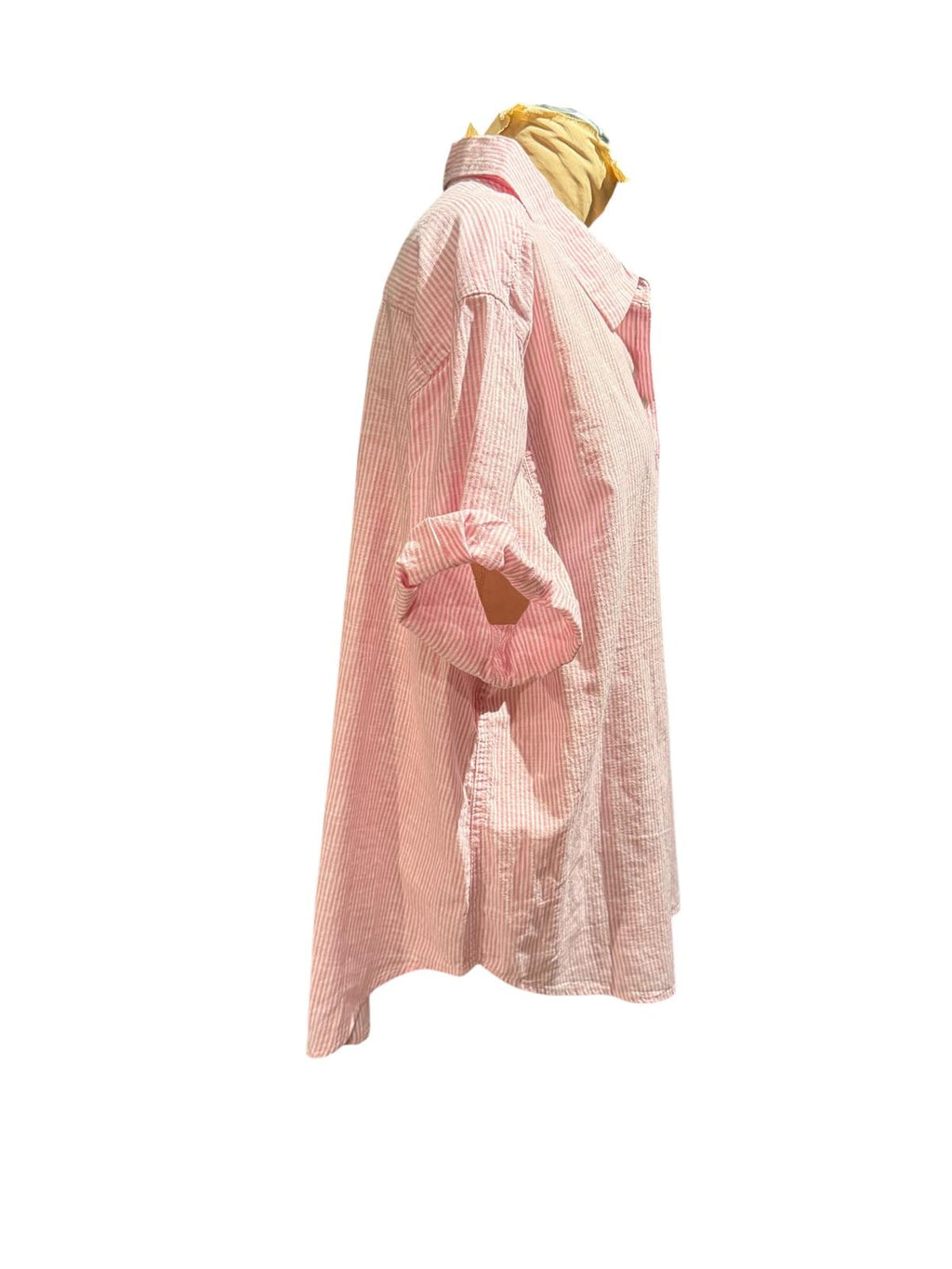 Lola River Light Pink Striped Button-Up Shirt Dress with Rolled Sleeves