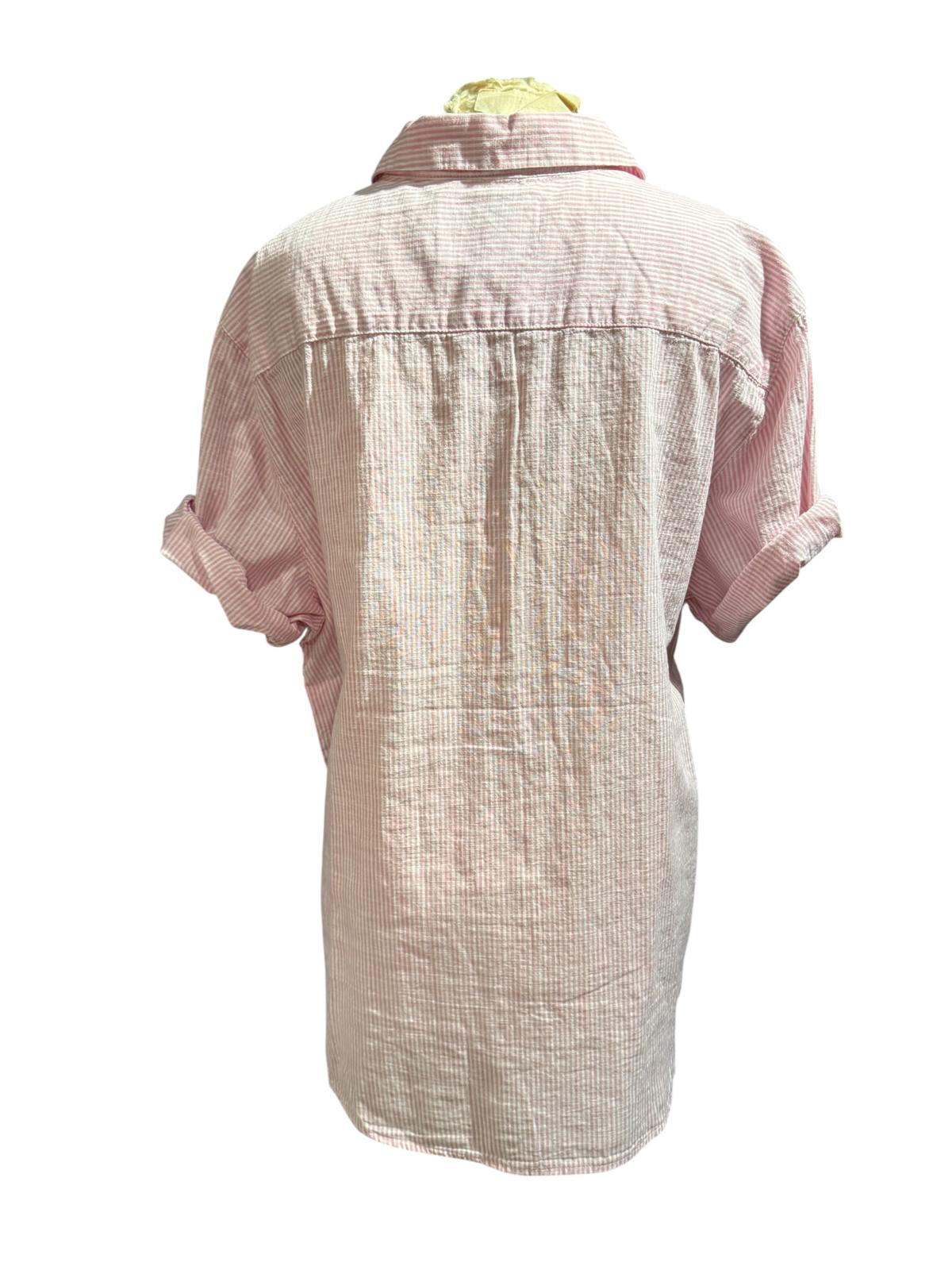 Lola River Light Pink Striped Button-Up Shirt Dress with Rolled Sleeves