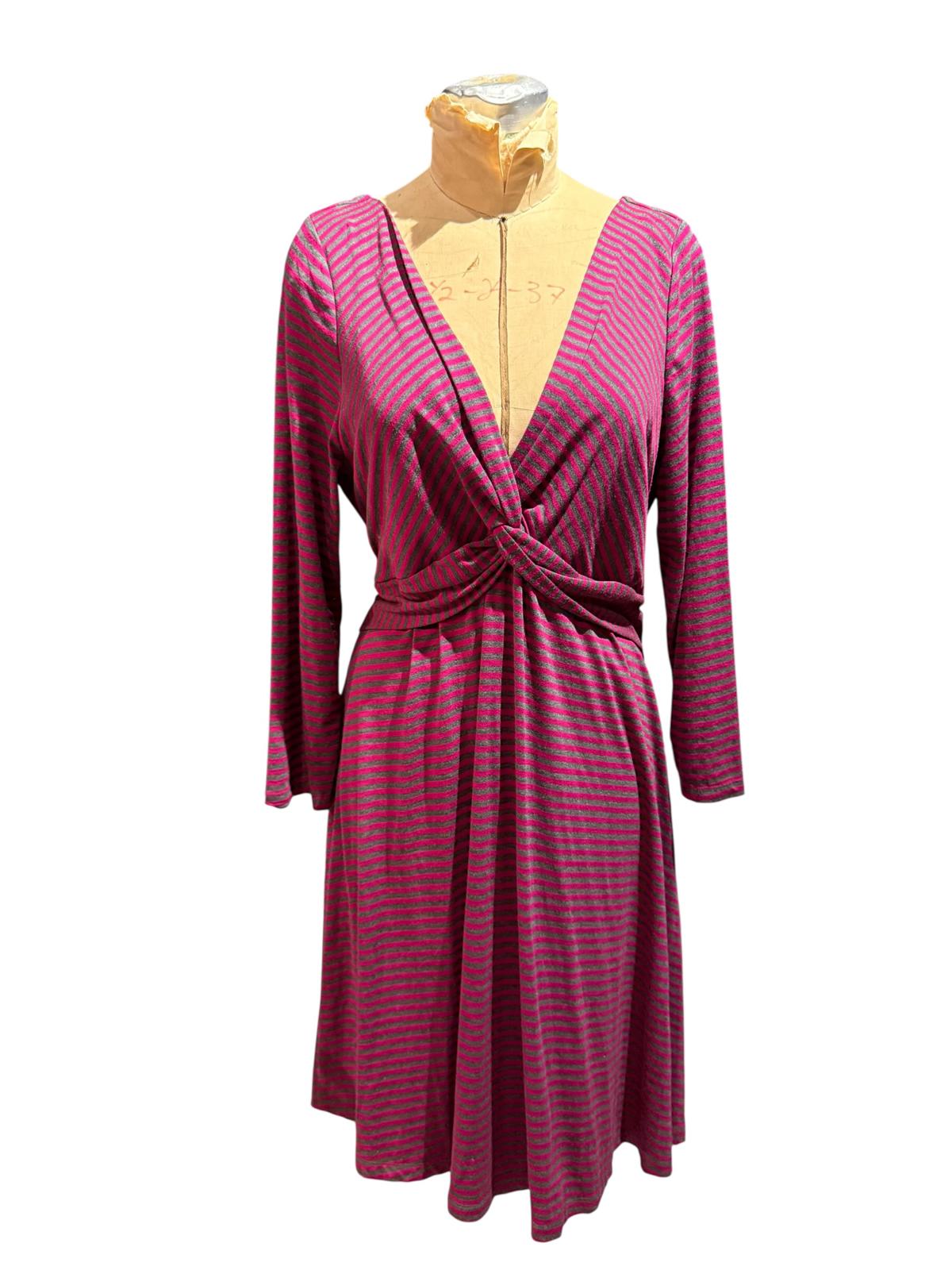 Lilka Anthropologie Pink and Gray Striped Long Sleeve Dress with Twist Front