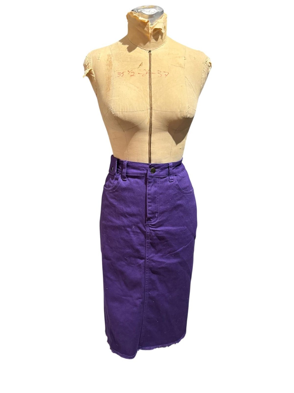 Purple Denim Midi Skirt with Raw Hem