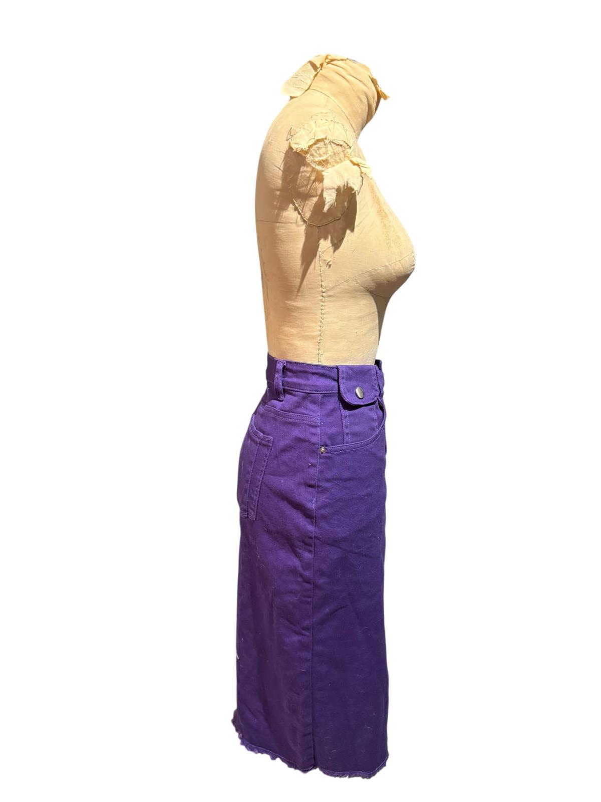 Purple Denim Midi Skirt with Raw Hem