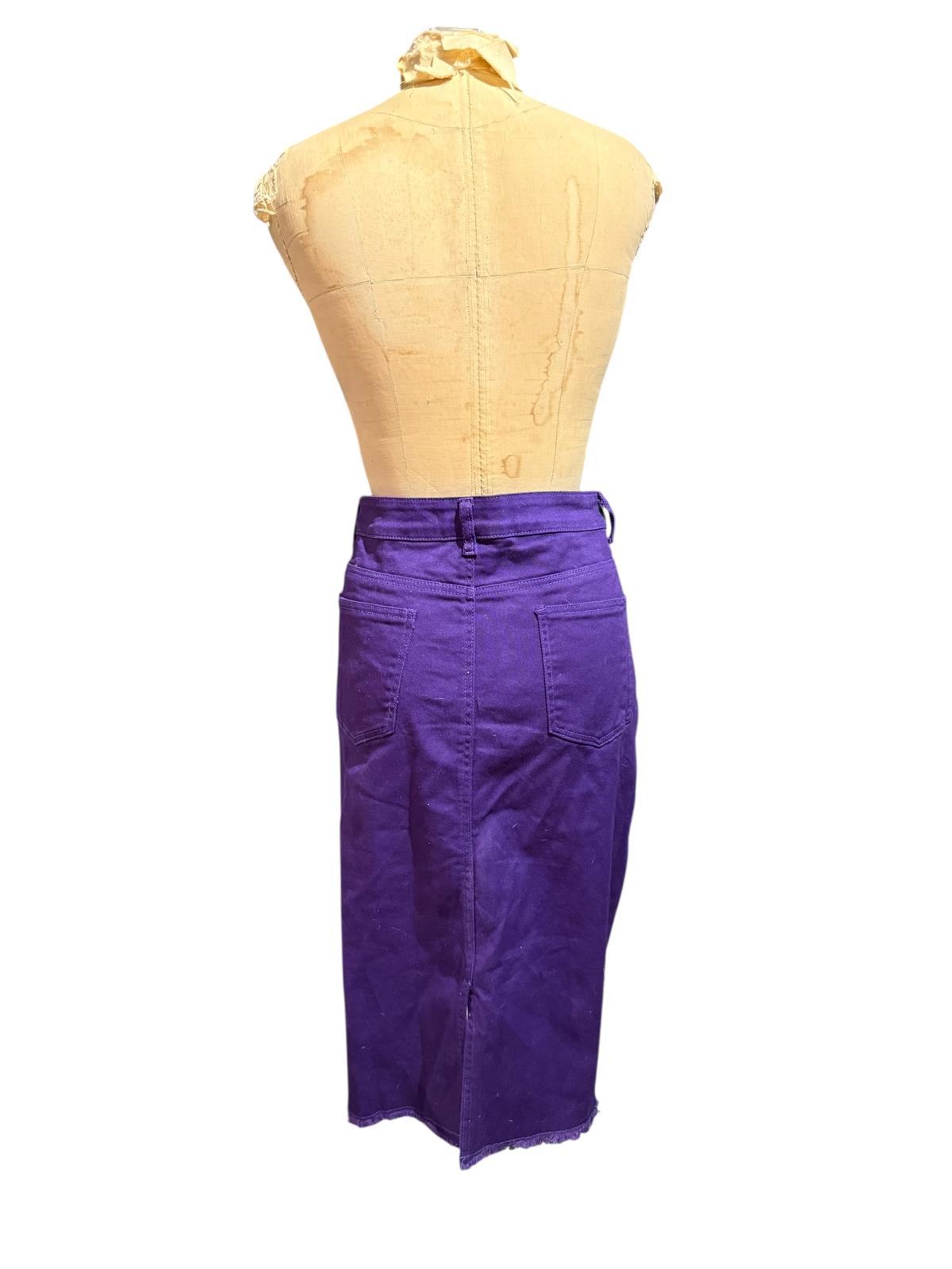 Purple Denim Midi Skirt with Raw Hem