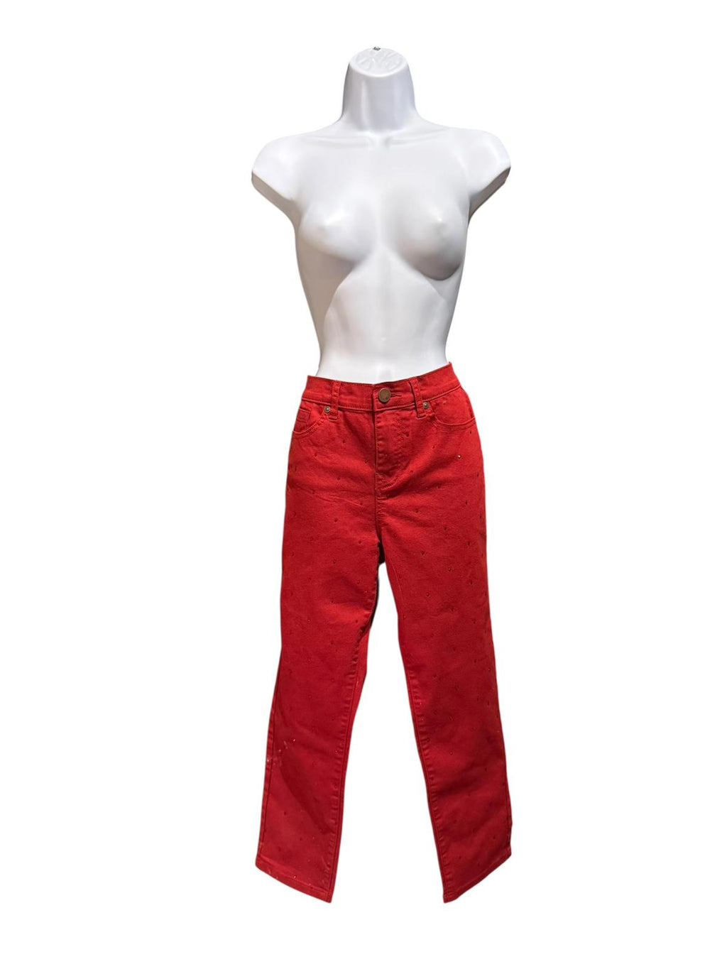 Red High-Waisted Jeans with Rhinestone Details