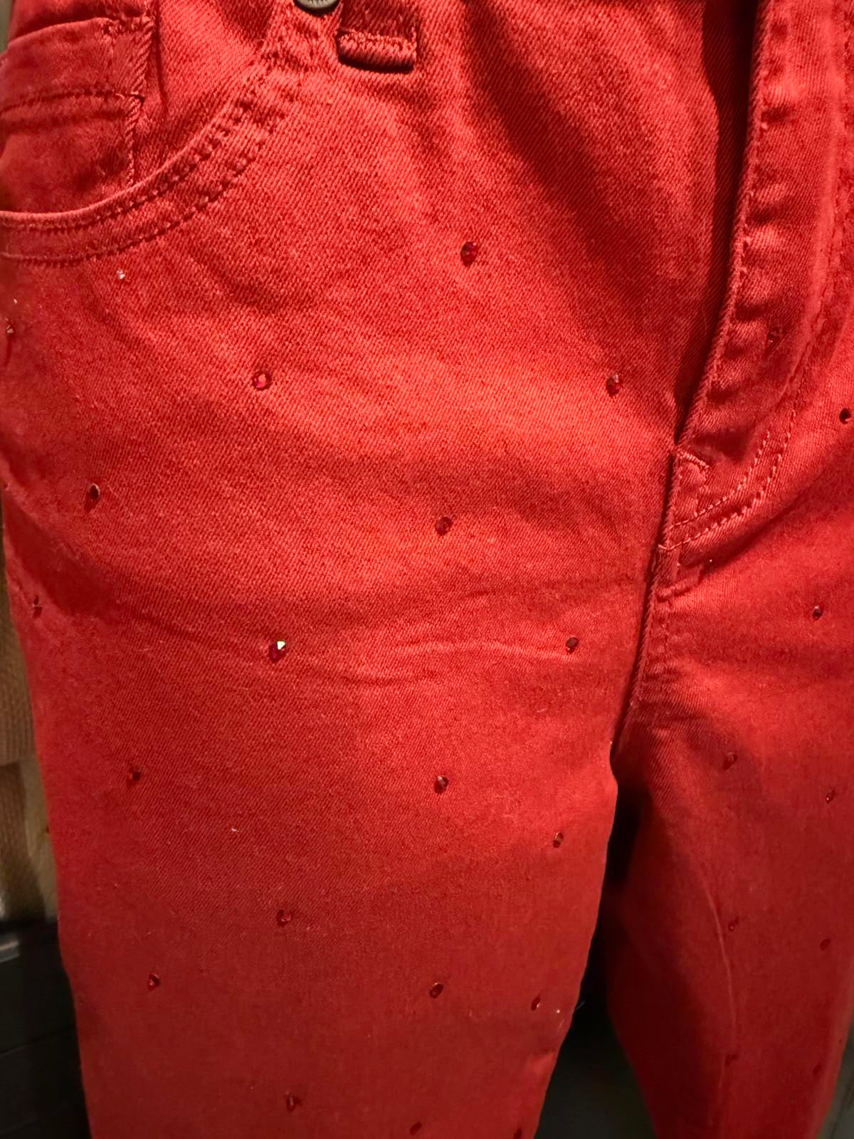 Red High-Waisted Jeans with Rhinestone Details