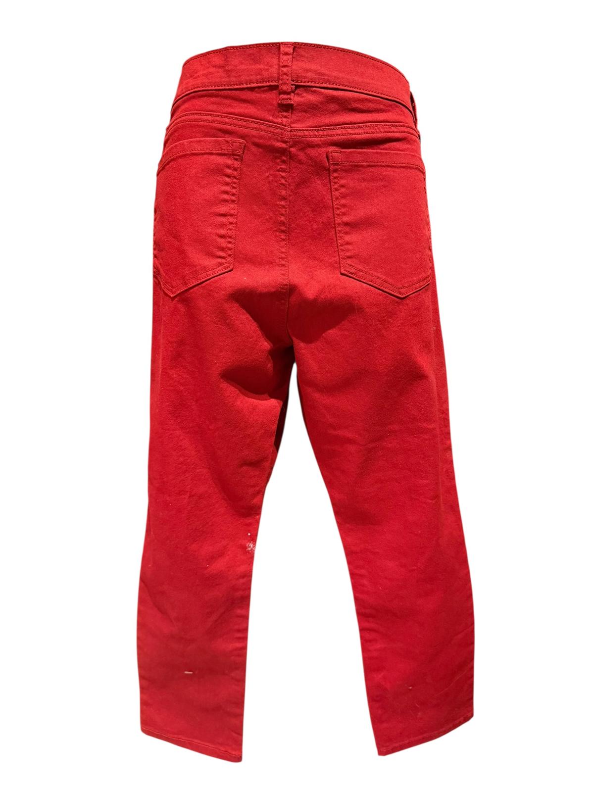 Red High-Waisted Jeans with Rhinestone Details