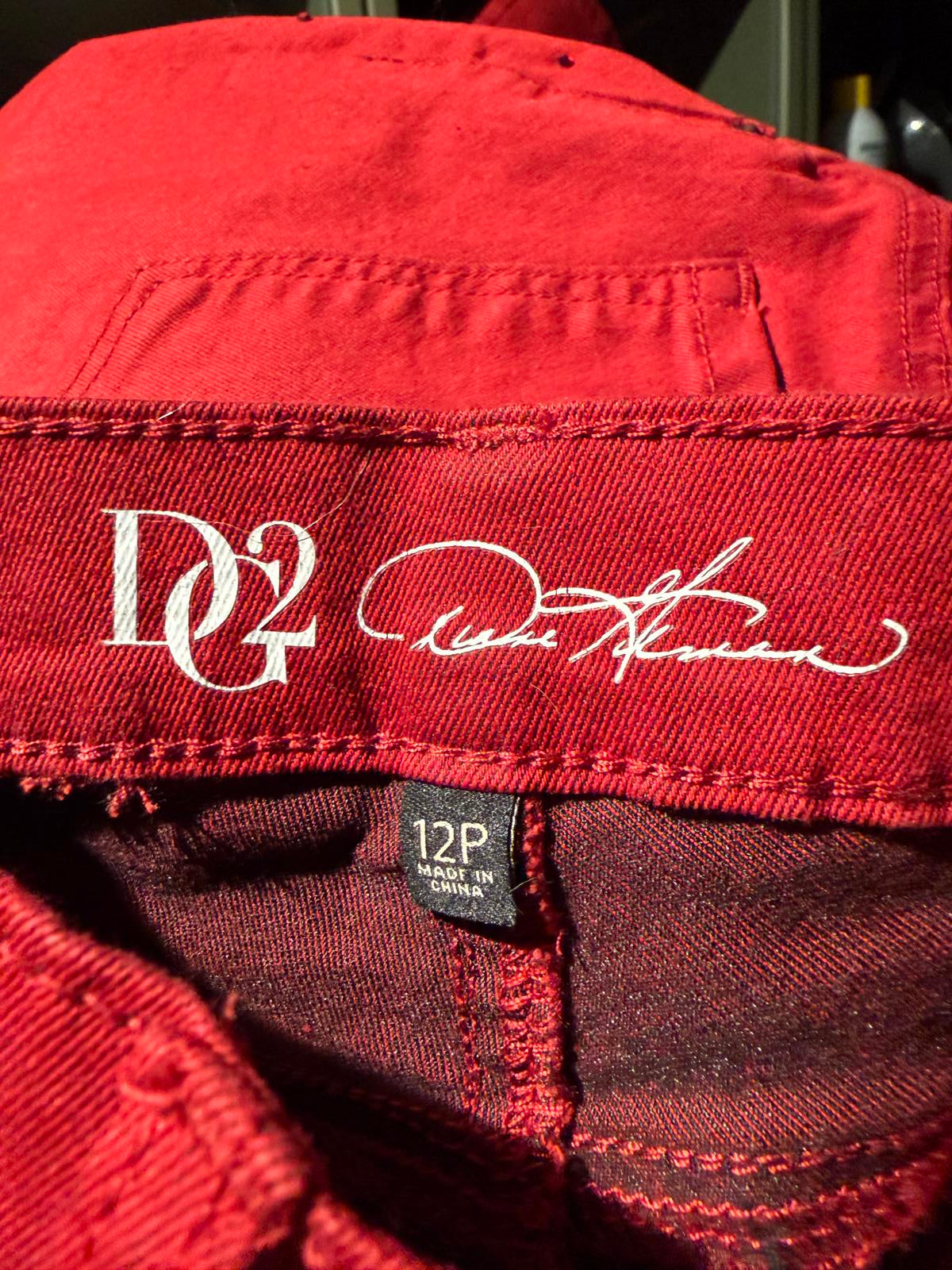 Red High-Waisted Jeans with Rhinestone Details