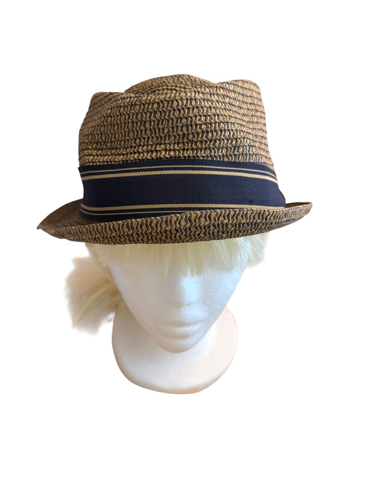 Goorin Bros Brown Straw Fedora Hat with Navy Blue Ribbon