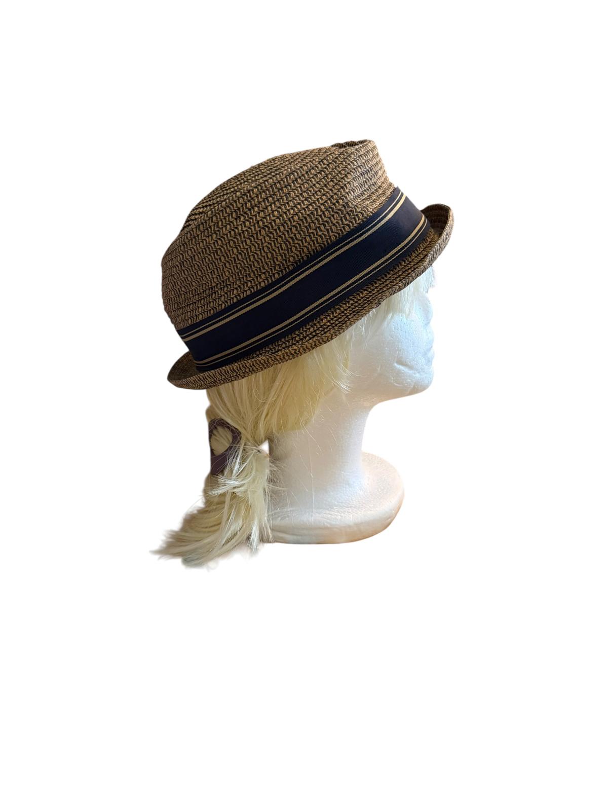 Goorin Bros Brown Straw Fedora Hat with Navy Blue Ribbon