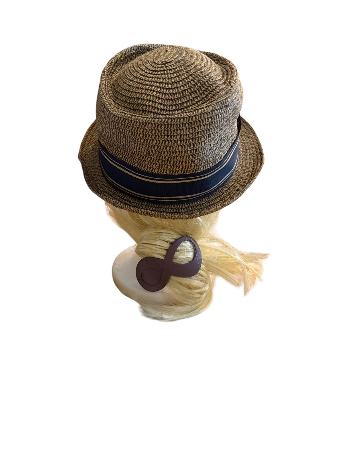Goorin Bros Brown Straw Fedora Hat with Navy Blue Ribbon