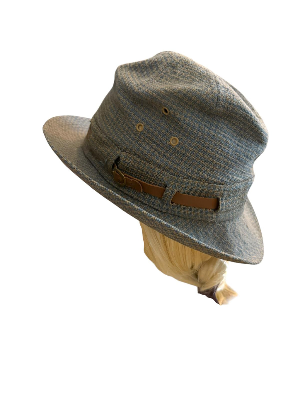 Gray Textured Wide-Brim Hat with Leather Accent